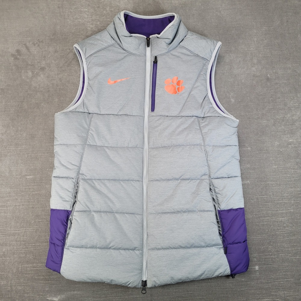 Nike Clemson Tigers Womens Small Gray Purple Puffer Vest Full Zip NCAA Athletic